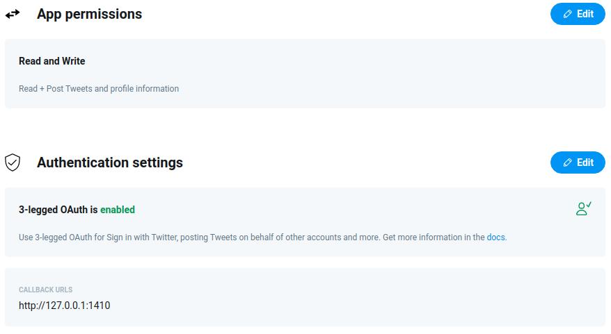 Configuring application on Twitter Developer Portal, making sure the callback URL is set to 127.0.0.1:1410